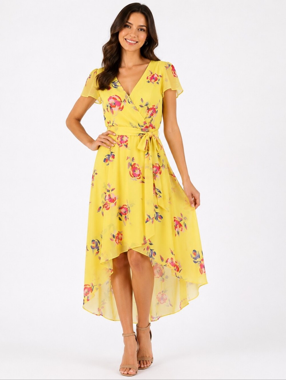 DKNY NWT Yellow Floral High-Low Midi Dress Size 8 Surplice Belted MSRP $129